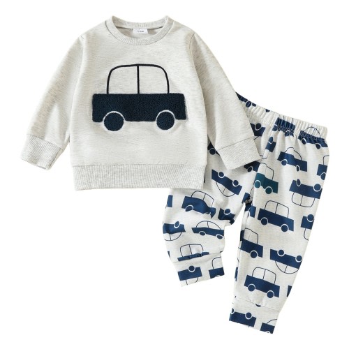 HCNTES Toddler Baby Boy Clothes Crewneck Sweatshirt Long Sleeve Shirt with Pants Cute Fall Winter Outfits, 3-6 Months Grey