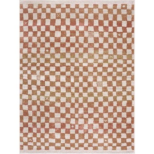 Benjy Modern Checkered Area Rug - Contemporary Geometric Carpet for Living Room, Bedroom, Kids Room, Nursery - Cream, Somon, Rust - 6'7" x 9' (6x9)