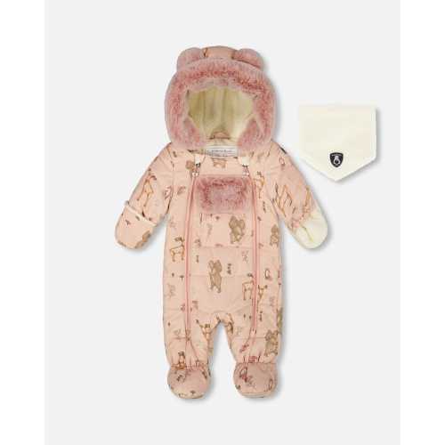 One-Piece Baby Layette Snowsuit Designed For Car Seat Pink Printed Animal