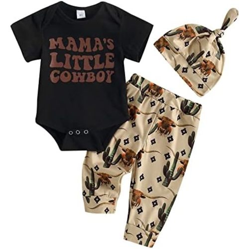 SAYOO Western Newborn Baby Boys Cowboy Outfits Cow Print Letter Bodysuit+Long Leggings+Cap 3pcs Infant Boy Country Clothes