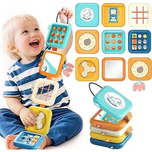 Busy Board for 1 Year Old, Travel Toys for Toddlers 1-3, 8 in 1 Montessori Activity Cube Toy for Babies in Airplane Car Stroller, Sensory Education Birthday Gifts for 1 2 Year Old Boy Girl Infant