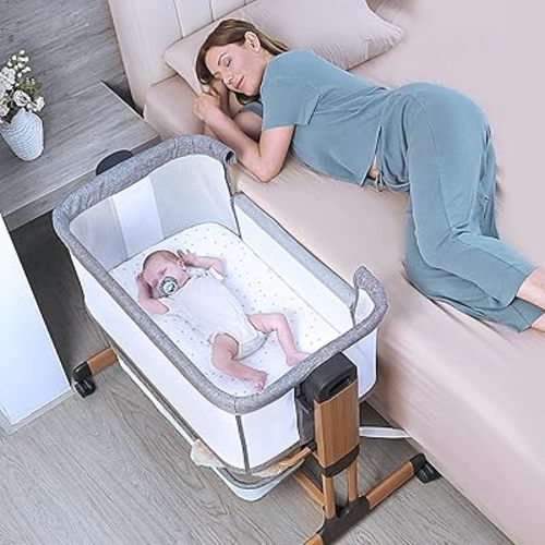 Ezebaby 3-in-1 Baby Bassinet, Rocking Baby Bassinets Bedside Sleeper, Adjustable Portable Crib for Newborn Infant with Wheels Storage Basket and Mesh Sides