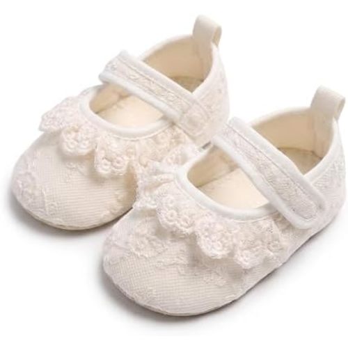 Baby Girl White Dress Shoes Newborn Mary Jane Flats with Bowknot Princess Lace Soft Sole Infant Toddler Walking Crib Shoes