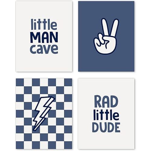 Hxlac Blue and White Checkered Peace Sign Lighting Wall Art Prints Set of 4 Unframed - Preppy Checkerboard Wall Decor, Teen Boys Toddler Nursery Wall Decor, Little Man Cave Wall Decor(8x10 Inches)