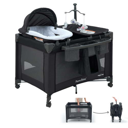 Pamo Babe Baby Playard Magic Fold 1 Step Bassinet & Changing Table for Newborn, 4-Panels (Black)