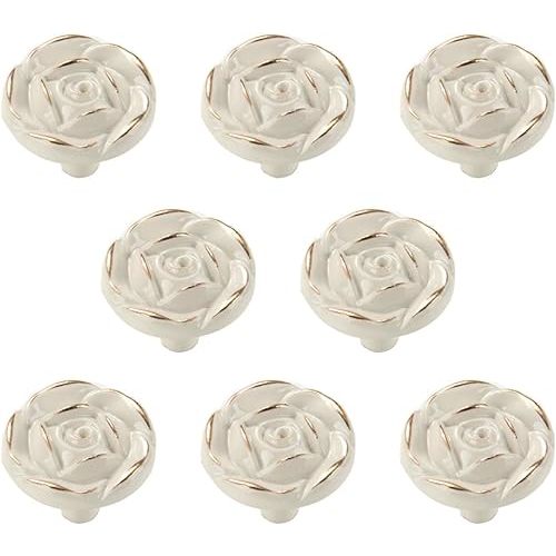 Antique Rose Flower Cabinet Knobs, Vintage Kitchen Shabby Chic Zinc Alloy White Drawer Pull Handles for Dresser Vanity Nightstand Cupboard Wardrobe, 8 Pack (Golden Line)