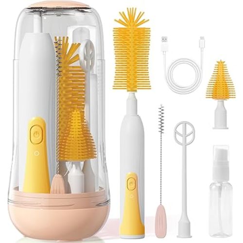 Electric Bottle Brush Cleaner, Baby Bottle Cleaning Kit with Nipple Straw Brushes Drying Rack Soap Dispenser Rechargable Waterproof Multi-Purpose E-Brush Set for Travel & Home, Yellow