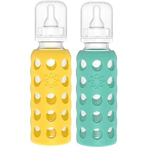 Lifefactory Glass Baby Bottles with Silicone Protection - 2-Pack, 9 oz Bottles, Mango & Kale