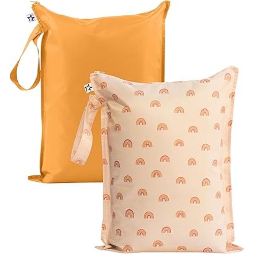 Tiny Twinkle Mess-Proof Waterproof Wet Dry Bag | 2-Pack Reusable Wet Bags for Swimsuits & Baby Clothes | Leakproof Wet Bag for Travel & Diaper Changes for Baby (Boho Rainbow)