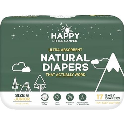 Happy Little Camper Ultra-Absorbent Natural Baby Diapers Size 6 - Hypoallergenic & Chlorine-Free Disposable Diapers Safe for Sensitive Skin - Unscented Junior Diapers - 17 Count