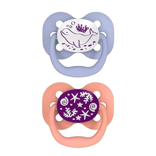 Dr. Brown's Advantage Glow-in-the-Dark Baby Pacifier, Fully Symmetrical Soother with Soft Silicone Bulb, 0-6m, BPA Free, Coral Ocean, 2 Pack (Style May Vary)