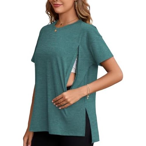 Ecavus Women's Oversized Nursing Shirts for Breastfeeding with Hidden Zipper Short Sleeves Side Splits Maternity Tops