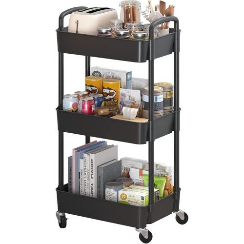 Sywhitta 3-Tier Plastic Rolling Utility Cart with Handle, Multi-Functional Storage Trolley for Office, Living Room, Kitchen, Movable Storage Organizer with Wheels, Black