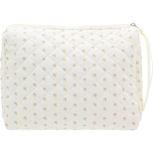 PAZIMIIK Cotton Makeup Bag for Women Large Quilted Travel Cosmetic Pouch Girls' Make Up Organizer,Little Flower White