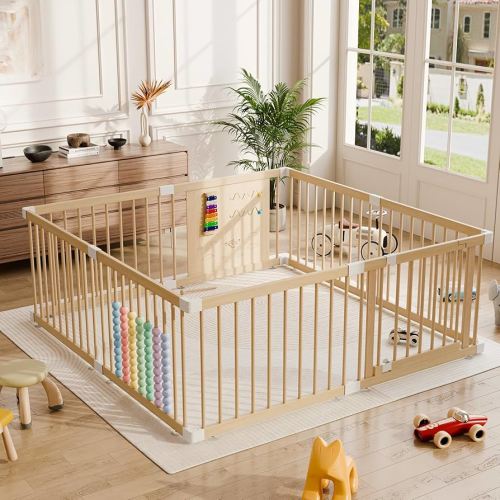 Large Wooden Baby Playpen for Babies and Toddlers, Adjustable Play Yard with Anti-Slip Base, Locking Gate & Easy Assembly, Indoor Kids Activity Center Safety Play Fence 64×64