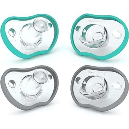 Nanobebe Baby Pacifiers 0-3 Month - Orthodontic, Curves Comfortably with Face Contour, Award Winning for Breastfeeding Babies, 100% Silicone - BPA Free. Baby Registry Gift 4pk,Teal/Grey