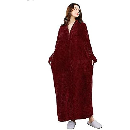 Artfasion Womens Fleece Robe Plush Long Zip Front Bathrobe with Pockets Warm Soft Zippered Bathrobes for Women
