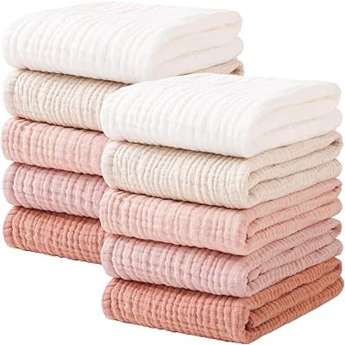 Konssy 10-Pack Muslin Baby Burp Cloths Sets for Baby Girls and Boys, 100% Cotton Soft & Absorbent Burp Rags for Newborn & Infant