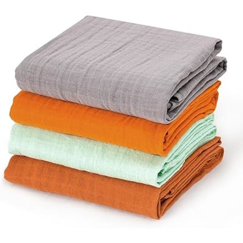 david's kids 4 Pack Baby Muslin Swaddle Blankets 47" x 47", 100% Cotton Swaddling Blankets Wrap for Boys Girls, Ultra Soft Breathable Receiving Blanket, New Born Essentials, Grey&Brown&Ginger&Green