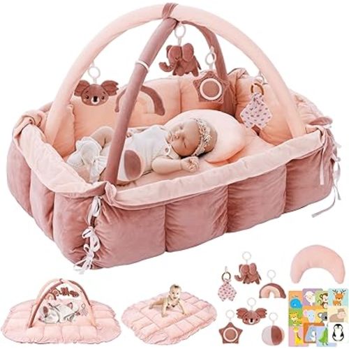5-in-1 Plush Baby Play Gym, Baby Play Mats, Convertible Baby Gym with Pillow, Tummy time mat, Baby&Ped Bed, 6 Sensory Toys, Baby Activity Center from Newborn to Toddler, Cat&Dog Bed, Ball Pit, Pink