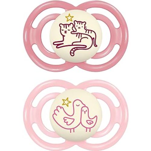 MAM Perfect Night Baby Pacifier, Patented Nipple, Glows in The Dark, 2 Pack, 6-16 Months, Girl