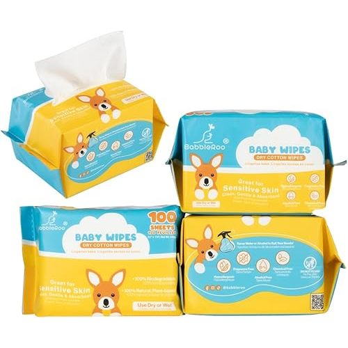 BabbleRoo Dry Wipes for Baby - 100% Plant-Based Cotton Wipes, Hypoallergenic, Fragrance-Free, Chemical-Free, Gentle for Sensitive Skin, Use Wet or Dry for Diaper Changes and Cleanups– 400 Wipes