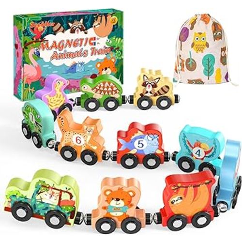 Toys for Toddlers, 11 Magnetic Wooden Animals Train Set, Montessori Toys for Toddlers, Learning Activities, Sensory Toys for Kids, Birthday Gifts for Boys, Girls