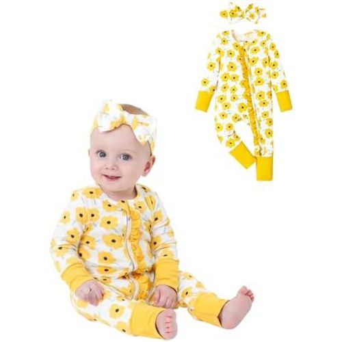 PATPAT Baby Girl Boy Clothes Newborn Infant Footie – Soft Viscose from Bamboo– 2-Way Zipper, Fold-Over Mitten, Ruffle Trim