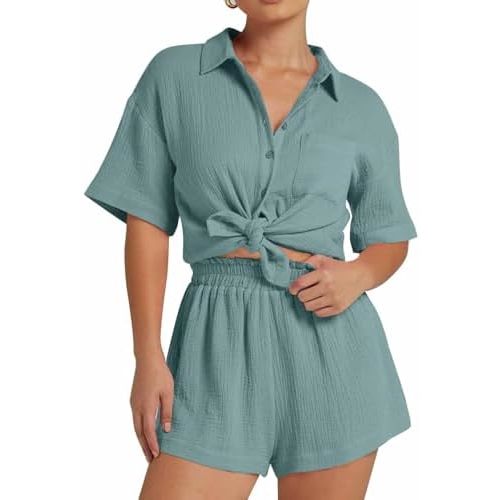 Flygo Womens Casual 2 Piece Outfits Cotton Linen Sets Button Down Oversized Shirt Shorts 2025 Pajama Lounge Beach Set