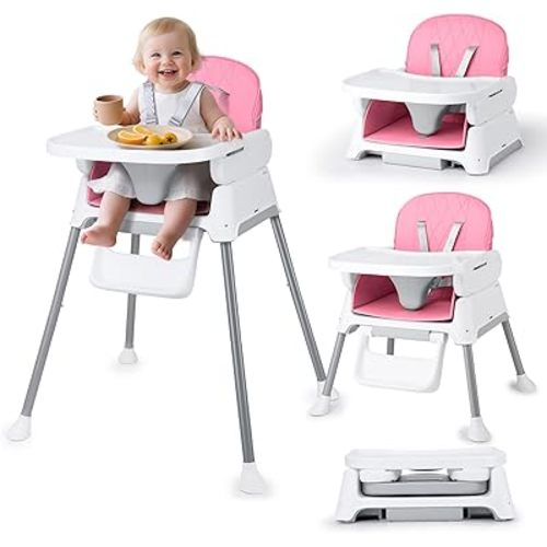 3-in-1 Baby High Chair, Adjustable Convertible Infant Baby Feeding Chair Booster for Eating with Detachable Tray, 5-Point Harness, Pink