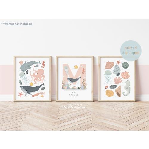 Personalised Sea Animals and Shells Print Set, Girl Nursery Print Set, Under the Ocean Prints, Ocean Nursery Print, Whale Print