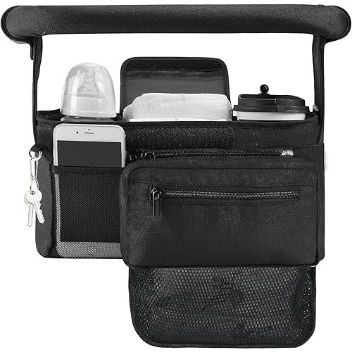 Momcozy Stroller Organizer, with 2 Non-Slip Stickers and 2 Large Capacity and Detachable Mesh Bags- (Dark Black)