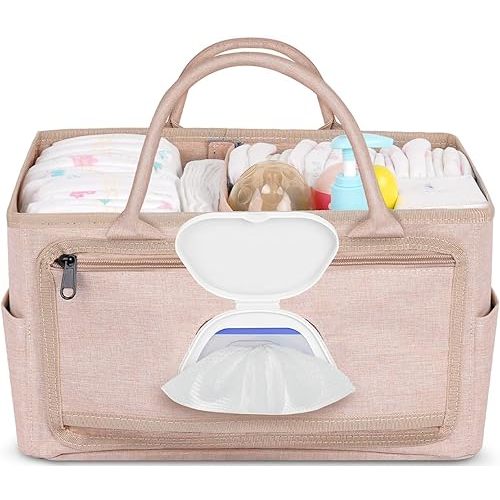 Baby Diaper Caddy Organizer with Wipes Pocket, Car Caddy, Portable Storage Basket for Diaper Chaning Station, Gift for Newborn Baby Essentials Shower and Registry Must Haves, Beige