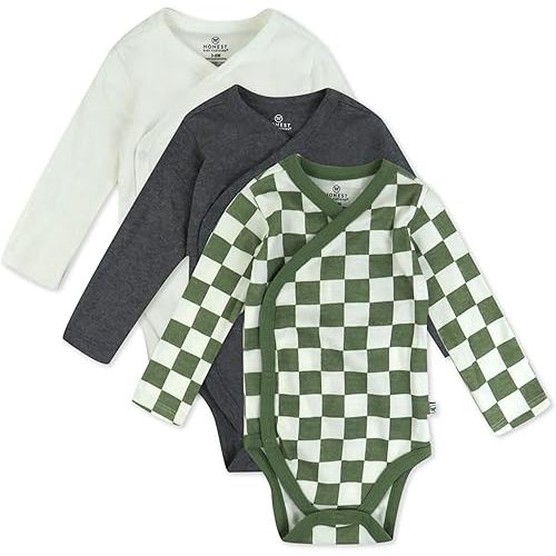 HonestBaby unisex-baby 3-pack Long Sleeve Side-snap Kimono Bodysuits Organic Cotton for Infant Baby Boys, Girls, Unisex