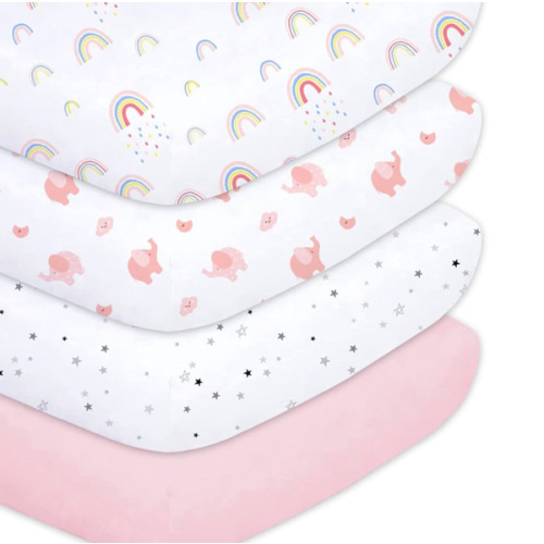 Plushii Juego de 4 sábanas de cuna para bebé, 28 x 52 pulgadas, juego de sábanas de microfibra extra suave para cuna estándar y colchón de niño pequeño, arcoíris, elefante, estrellas y rosa