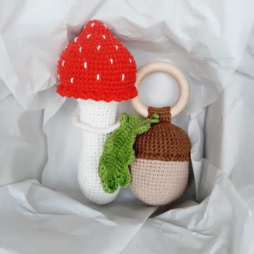 Mushroom acorn baby rattle woodland nursery decor, Autumn crochet rattle woodland baby shower gift, Set of 2 rattle mushroom and acorn