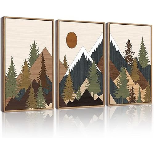 KUVIOKE Landscape Mountain Wall Art Set Sunrise Pine Tree Forest Nature Scenry Wilderness Farmhouse Rustic Modern Art Decorative for Living Room Bedroom 11x 14in (Natural Framed)