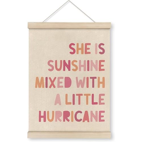HRQKO She is Sunshine Poster Hanger Frame, Pink Girls Room Wall Decor, Sunshine Nursery Posters Wall Art with Wooden Frames, Inspirational Hanging Banner Decor for Girls Room Bedroom, 12x16 Inch