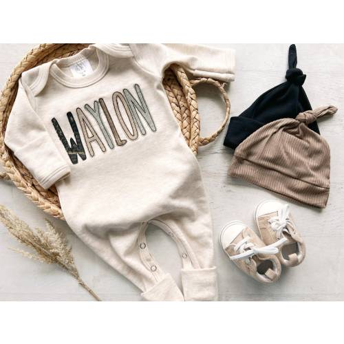 Personalized camo baby romper outfit and hat set, hunter boy coming home outfit, baby boy shower gift, fold over footies, camouflage