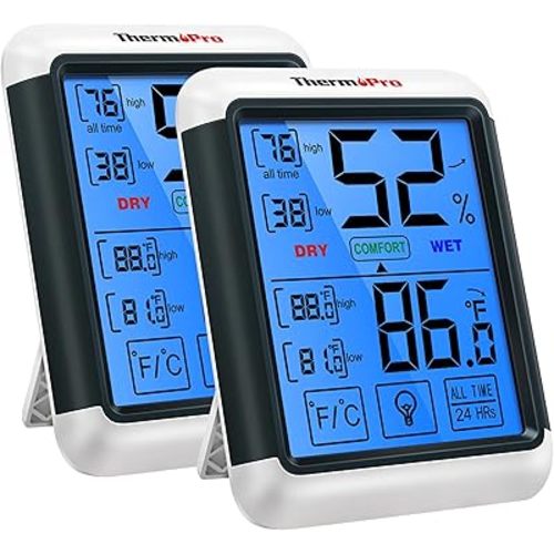 ThermoPro TP55 2 Pieces Digital Hygrometer Indoor Thermometer Humidity Gauge with Jumbo Touchscreen and Backlight Temperature Humidity Monitor
