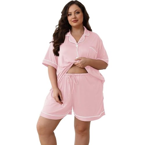 Women Plus Size Pajamas Button Down Short Sleeve & Shorts Nighty
