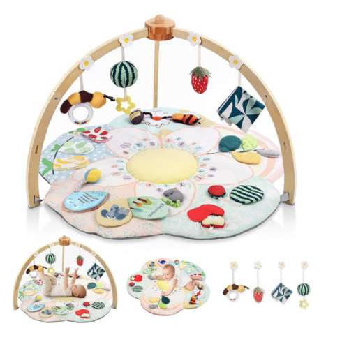 Baby Play Gym & Activity Mat, 5 Developmental Zones Tummy Time Mat with 4 Detachable Sensory Toys, Early Skills & Sensory Development Mat, Newborn Essentials Baby Shower Gift