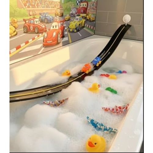 FLXTRACK Race Car Bath Toy Set, Toddler Bath Toys, Race car Set, Toddler Gift, Suction Cup Bath Track, 8 Piece Set, Ages 3+, Including Mesh Storage Bag
