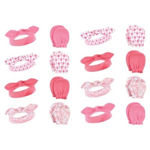 Hudson Baby Infant Girl 16Pc Headband and Scratch Mitten Set, Flamingo, 0-6 Months