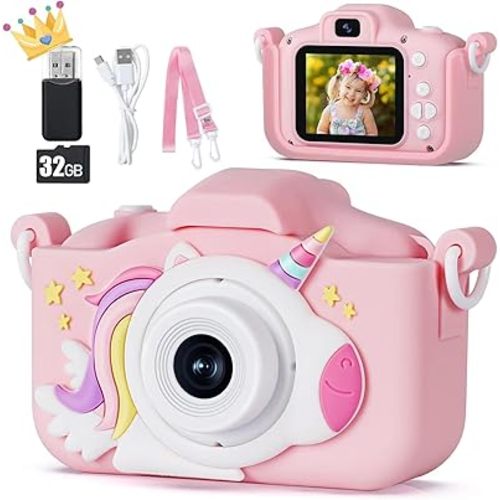 KIZJORYA X5 Kids Digital Camera, Pink, Unisex, 32GB SD Card, 8X Digital Zoom, Auto Focus, Cute Frames, Film Filters, Easy to Use, Durable Design
