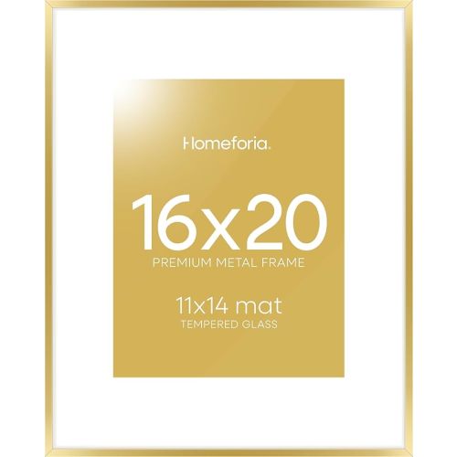 Homeforia 16 x 20 Picture Frame Gold, High End Metal 16x20 Poster Frames with Mat 11x14 Photo, 16 x 20 Gold Frame Matted to 11 by 14 Print, 20x16 Thin Hanging Frame, Tempered Glass, Wall Kit, Set of 1