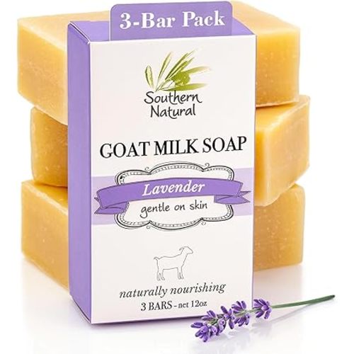 Southern Natural Goat Milk Soap Bar (Lavender 3 Pack) For Dry Sensitive Skin. Natural, Handmade Soap For Men, Women, Kids & Baby. Use On Face & Body