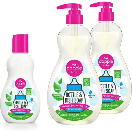 Dapple Baby Dish Bundle Includes Baby Bottle & Dish Liquid, Travel Size 3 Fl Oz and 16.9 Fl Oz Bottle, 2 ct., Fragrance-Free, Powered by Plants, Hypoallergenic