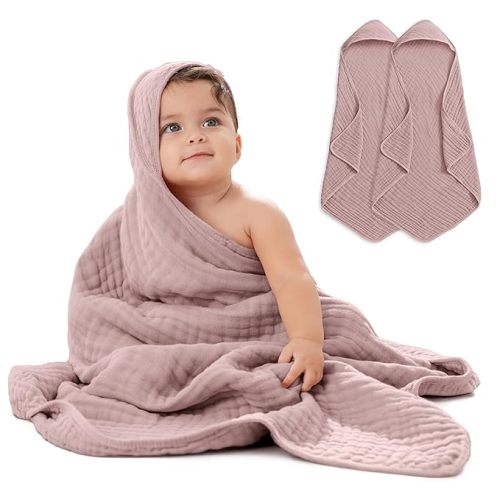Comfy Cubs Hooded Baby Towels 2-Pack, Large 32 x 32 Inch - 6 Layer, 100% Muslin Cotton Hooded Towels for Baby, Toddlers, and Kids - Ultra Soft, Warm, and Absorbent, Mauve Unisex Baby Bath Towels