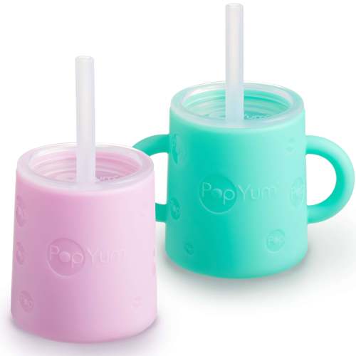 PopYum Silicone Training Cup with Straw + Lid 2-Pack (green, pink)